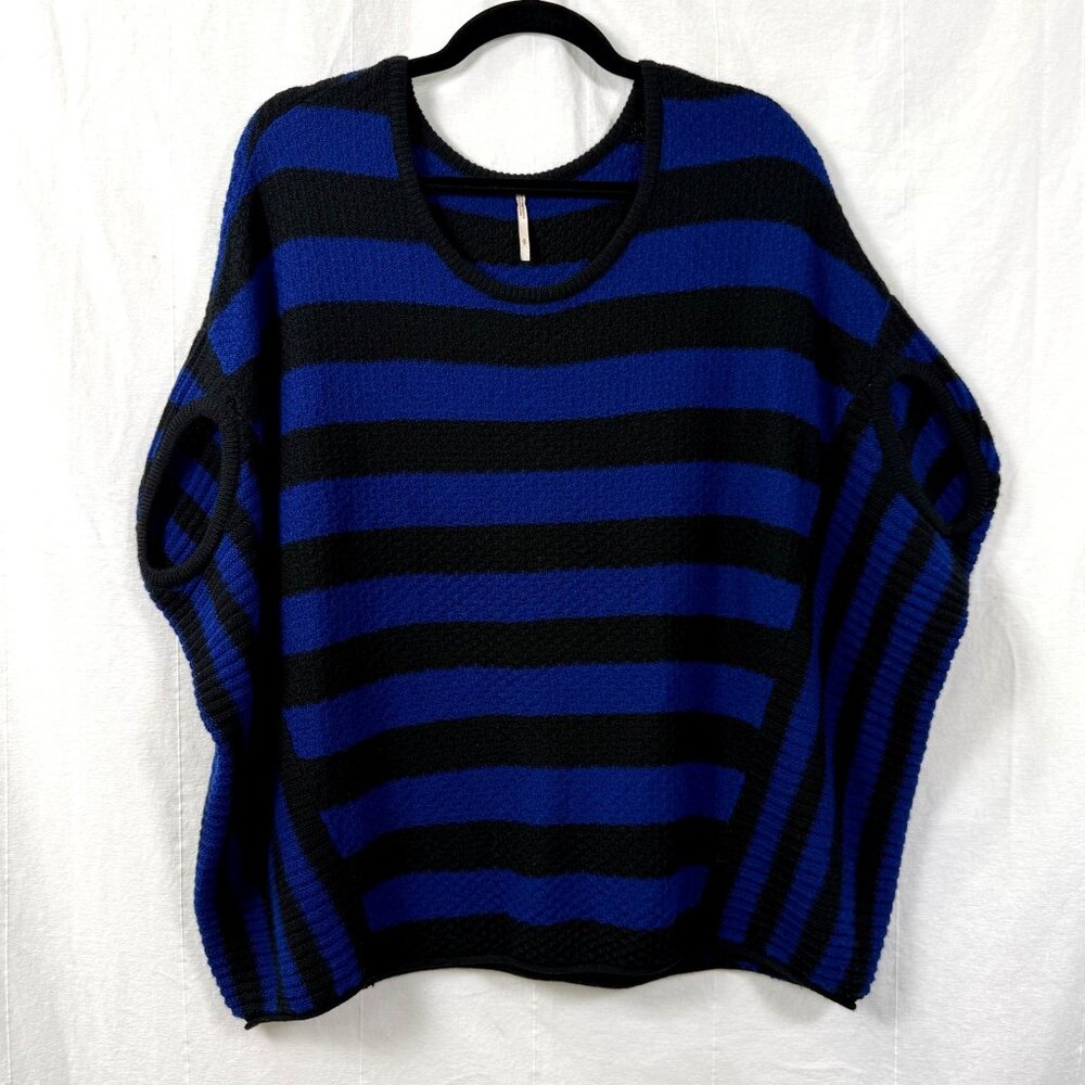Free People Sweater Womens Sz S Blue/Black Stripe Oversized Poncho Wool Blend